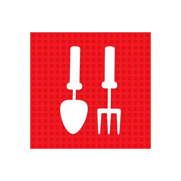 Hands holding gardening supplies. Gardening tools.  red square button - Vector, Image