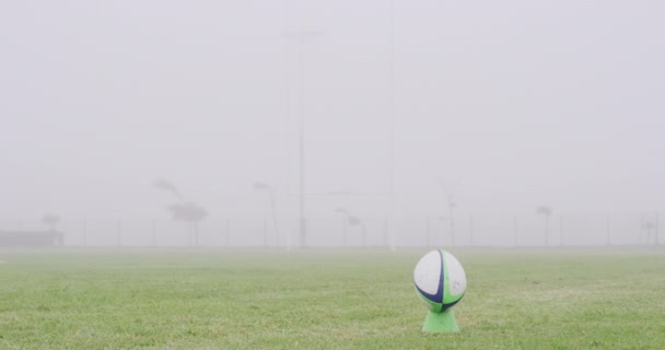Rugby, morning and outdoor with a ball, field and cold with environment, mist and landscape. Empty, weather and grass with pitch, fog and outside with sports, early and nature with lawn and ground. - Footage, Video