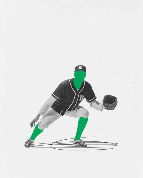 Juliste. Nykytaiteen kollaasi. Vihreä siluetti mustavalkoinen yhtenäinen ammatillinen baseball pelaaja. Käsite erilaisia urheilu, luovuus, harrastus, toiminta. Kopioi tila. - Valokuva, kuva