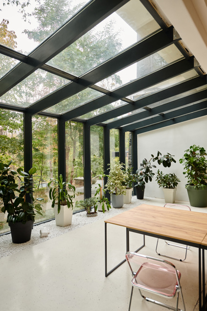 photo d'intérieur de la salle de réunion vide contemporaine avec table de bureau et plantes vertes dans des pots - Photo, image