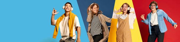 Cheerful young people, men and women in stylish clothes listening to music in headphones over multicolored background. Collage. Concept of human emotion, music, youth, fun and joy, youth culture - Photo, Image