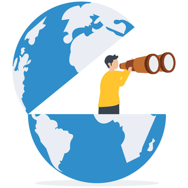 Intelligente uomo d'affari open globe utilizzando binocoli in cerca di visione futura, visione economica mondiale o opportunità internazionali per affari, lavoro o investimenti, alla ricerca di affari d'oltremare  - Vettoriali, immagini