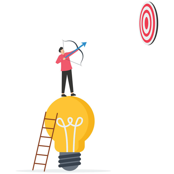 Podnikatel vylézt po žebříku na žárovky nápad střílet na cíl, nápad dosáhnout cíle, strategie nebo plánování k dosažení cíle, inovace vhled - Vektor, obrázek