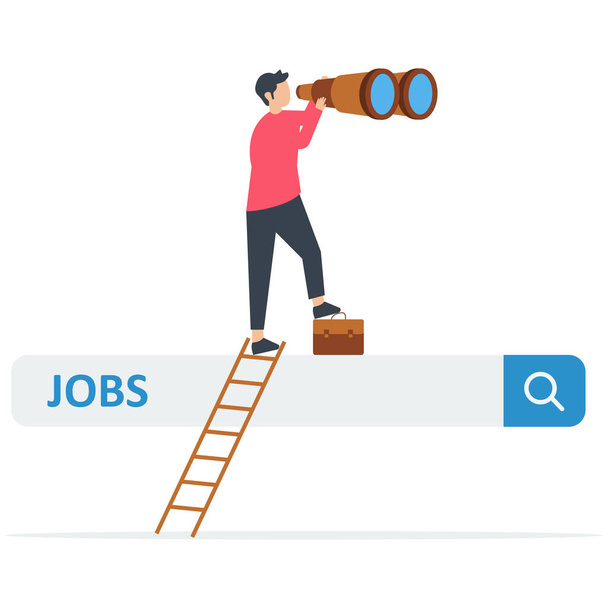 Бизнесмен поднимается по лестнице поиска работы бар с биноклем, чтобы увидеть возможность, ищет новую работу, работу, карьеру или поиск работы, найти возможность, искать вакансию или работу - Вектор,изображение