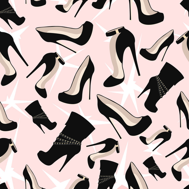 Pattern of black shoes with glitter on a pink background - Vector, afbeelding