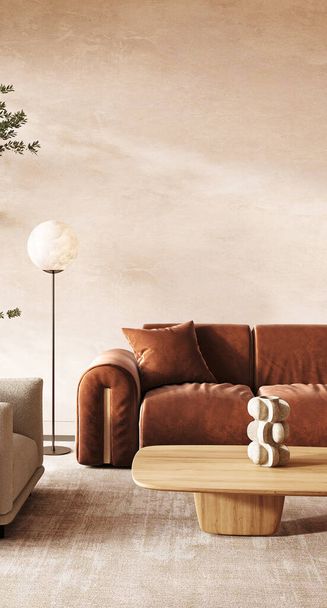 Una moderna sala de estar escandinava con llamativos accesorios de iluminación, un rico sofá de terracota y elementos de decoración artística para un hogar elegante. 3d renderizar - Foto, imagen