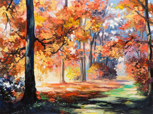 Pintura al óleo paisaje - bosque de otoño colorido
  - Foto, Imagen