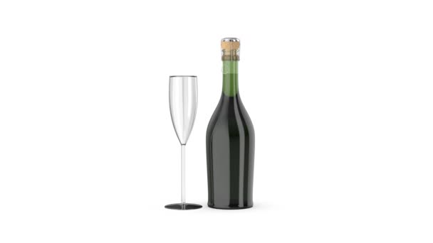 Flauta de cristal y botella de champán sobre fondo blanco - Imágenes, Vídeo