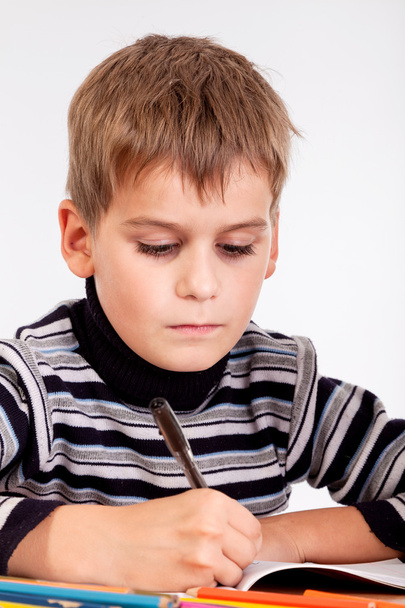 Cute schoolboy is writting - 写真・画像