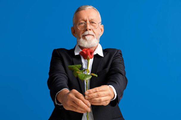 Mature man with rose flower on blue background. Valentine's day celebration - Фото, изображение