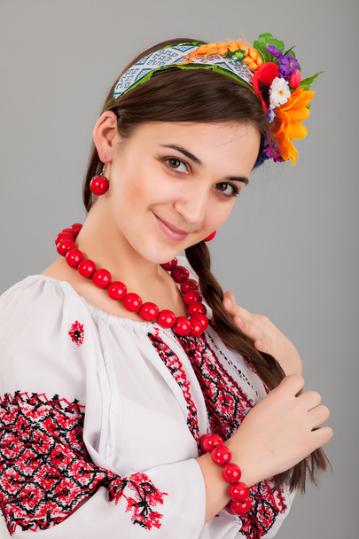 woman wearing Ukrainian national dress - Фото, изображение