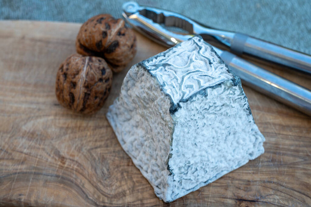 Колекція сиру, французький пірамідний сир Пуліньї, виготовлений з козячого молока в регіоні Пуліньї-Сен-П'єр у Франції крупним планом з чорною формою - Фото, зображення