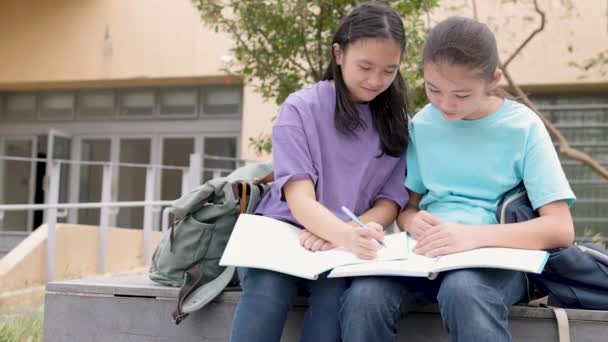 Счастливые азиатские школьницы учатся и обсуждают домашнее задание в школе - Кадры, видео