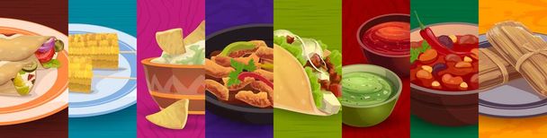 Mexicaanse keuken voedsel collage. Tex mex voedsel. Mexicaanse afhaalmaaltijden menu vector achtergrond, Mexico Tex Mex banner met taco, nacho chips en guacamole saus, enchiladas, tamale en maïs - Vector, afbeelding