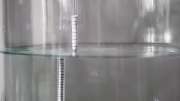 Nahaufnahme des Destillationsprozesses - flüssige destillierte transparente Flüssigkeit, die in einem großen Glas mit schwimmendem Alkoholometer fließt. - Filmmaterial, Video