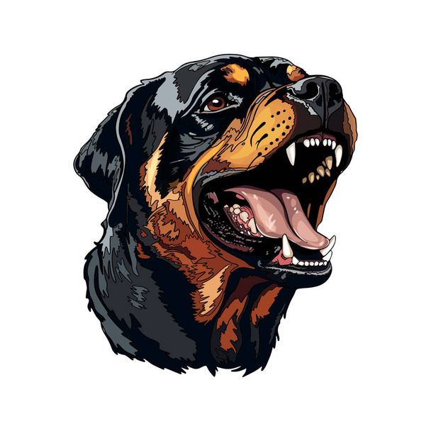 Portret van een lachende Rottweiler hond. Bulldog blaft - geïsoleerde vectorillustratie geïsoleerd op witte achtergrond als logo, icoon - Vector, afbeelding
