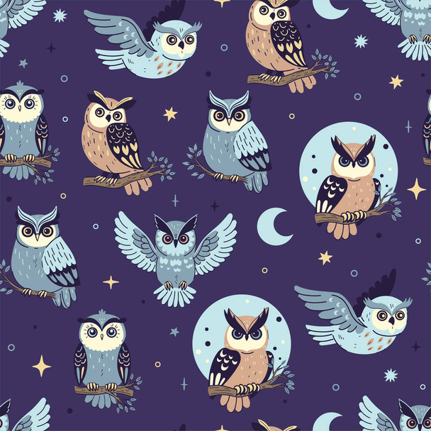Seamless pattern with night owls, moon and stars. Vector image. - Vector, Image