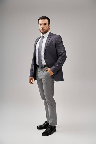 bel homme en costume pointu et élégant posant avec la main dans la poche sur fond gris, élégance - Photo, image