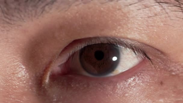 Detailní záběr hnědého lidského oka. Detailní záběr na oko asijského muže.  - Záběry, video