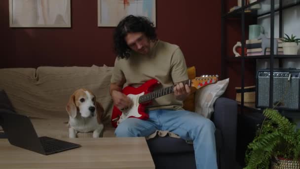 Közepes lövés jóképű fiatal kaukázusi férfi a beagle kutya ül a kanapén a modern lakás játszik elektromos gitár - Felvétel, videó