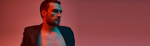 banner of man with bare chest posing in stylish pinstripe suit in studio with red and blue light - Photo, Image