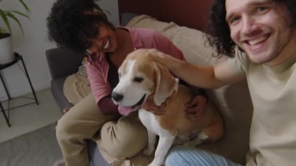 Handheld-POV-Aufnahme eines jungen kaukasischen Mannes, der Videoblog von sich selbst mit seiner birassischen Freundin und ihrem Hund aufnimmt, der in der Freizeit auf der Couch in einer modernen Wohnung sitzt - Filmmaterial, Video