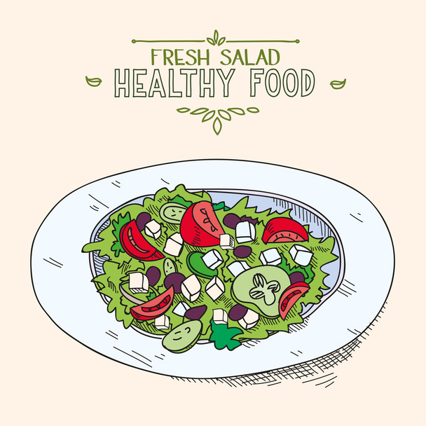 Ensalada griega mixta fresca natural con verduras en rodajas en el plato Alimentos orgánicos saludables
 - Vector, imagen