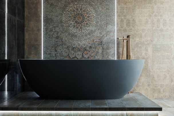 Un elegante y moderno baño de temática gris, acentuado por un lujoso grifo de oro, que exuda sofisticación y lujo - Foto, imagen