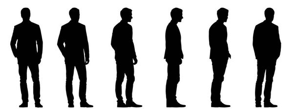 Vektor koncepció fogalmi fekete sziluett egy férfi áll, kezét a zsebében különböző nézőpontokból elszigetelt fehér háttér. A bizalom, a divat, az üzlet és az életmód metaforája. - Vektor, kép