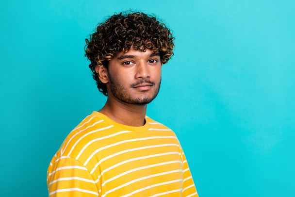 Photo of attractive young man hold look camera handsome model dressed stylish striped yellow clothes isolated on cyan color background. - Photo, Image