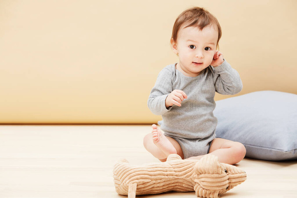 Baby, portrait and stuffed animal or playing in home or comfort, childhood development or entertainment. Kid, toy teddy and learning in apartment or education progress, coordination, growth or mockup. - Photo, Image