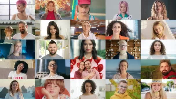 Collage happy diverse, multi ethnic, authentic people. Diversity concept background. Happy men and women of different gender, ethnicity, and occupation. People smiling at posing looking at camera 4K - Footage, Video