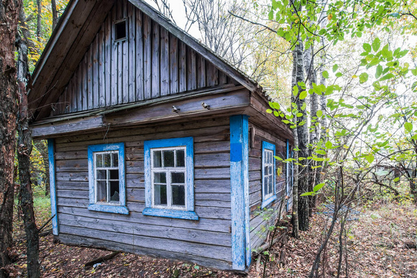 Houten huisje in verlaten Stechanka dorp in Tsjernobyl Uitsluiting Zone in Oekraïne - Foto, afbeelding