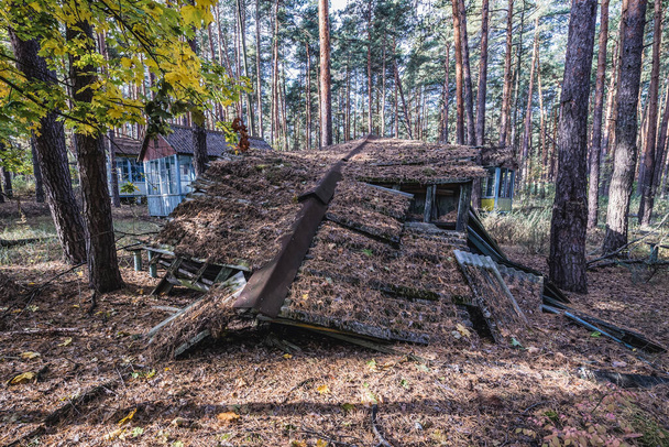 Maison de vacances en ruine à Izumrudnoe camp d'été dans la zone d'exclusion de Tchernobyl, Ukraine - Photo, image