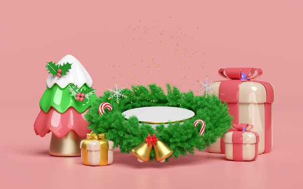 3 boyutlu silindir sahne podyumu çelenk yaprakları, hediye kutusu, şeker kamışı, Noel çanı, Noel ağacı, kar tanesi. Mutlu Noeller ve mutlu yıllar, 3D çizim   - Fotoğraf, Görsel