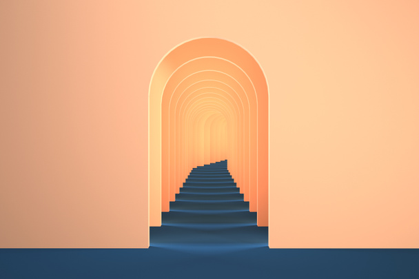 3D сюрреалістичний рендеринг. Анотація аркового тунелю персиковий пастельний контрастний кольоровий фон. Колір гри Peach Fuzz 2024 року. Сюрреалістичний інтер'єр 3d ілюстрація. - Фото, зображення