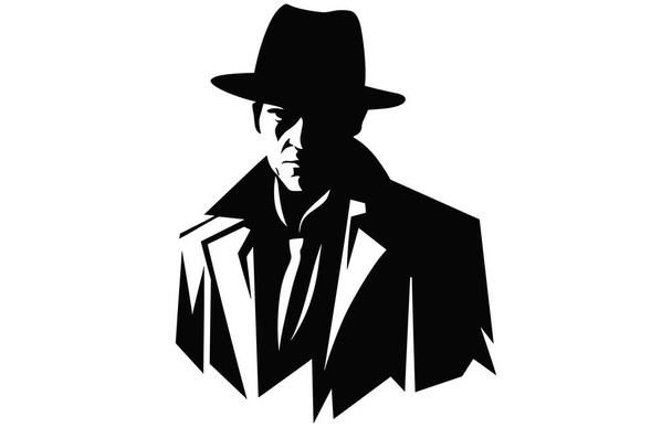 detective logo, silhouet van de man dragen hoed en jas - Vector, afbeelding
