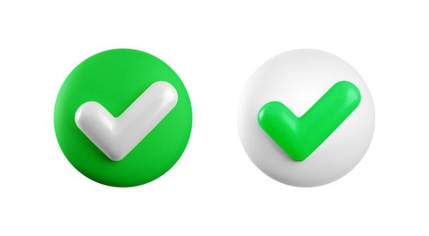 Vector 3d check mark realistic icons. Trendy plastic green and white checkmark, select icons set isolated on white background. Green yes button. 3d render tick sign illustration for web, app, design. - Vector, Image