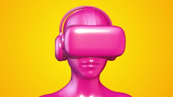 Virtuális valóság szemüveg és fejhallgató az emberi fejen. Játék vagy szórakoztató eszköz. Futurisztikus technológia koncepció művészet. Élénk divat 3D animáció. - Felvétel, videó