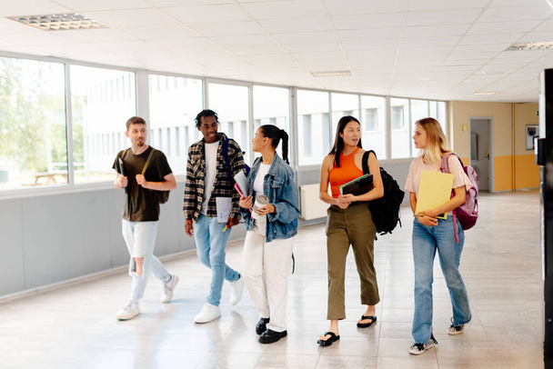 zróżnicowana grupa studentów różnych ras, kultur i płci spacerujących i rozmawiających razem w salach kolegium lub kampusu uniwersyteckiego - Zdjęcie, obraz
