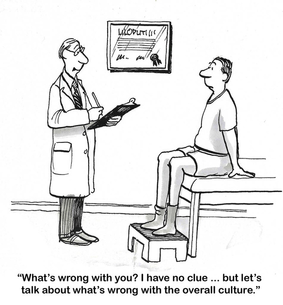BW kreskówka męskiego pacjenta, który czuje się chory. Lekarz nie ma pojęcia, dlaczego jest chory, wolałby raczej omówić problemy z ogólną kulturą. - Zdjęcie, obraz