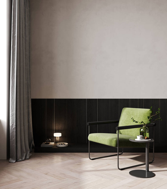 Κομψό εσωτερικό δωμάτιο, κονσόλα τραπέζι με διακόσμηση κοντά στον τοίχο με πράσινη πολυθρόνα και ξύλινο πάτωμα, 3D οπτικοποίηση - Φωτογραφία, εικόνα