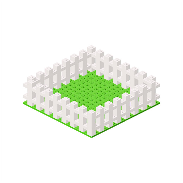 Bílý plot na kusu trávníku v izometrii. Vektorová ilustrace - Vektor, obrázek