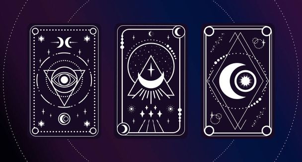 Conjunto de cartas del Tarot con un ojo mágico, luna, media luna y estrellas decoradas con formas geométricas. Simbolismo del tarot. Misterio, astrología, esotérico. Ilustración vectorial - Vector, imagen
