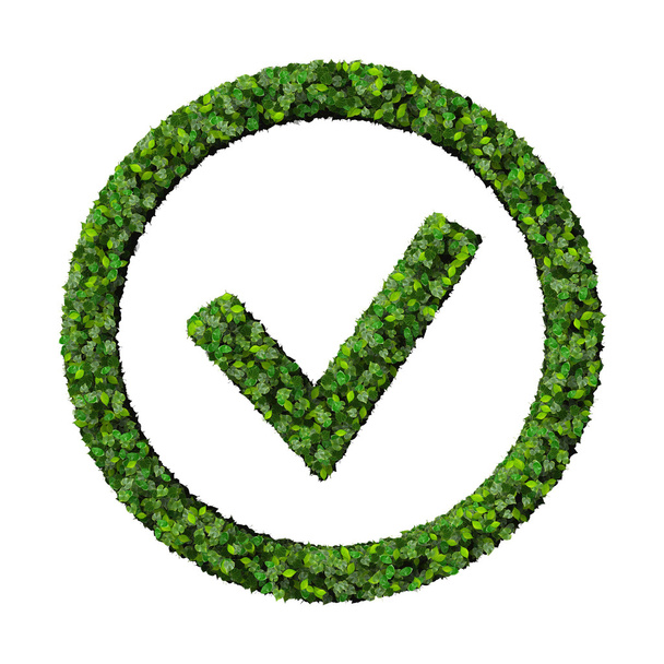 Approved, ok, like, eco sign made from green leaves isolated on black background. 3D render. - Photo, Image