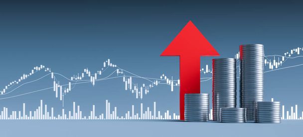 Stock chart candles and upward pointing arrow indicate bullish market, 3d rendering - Photo, Image