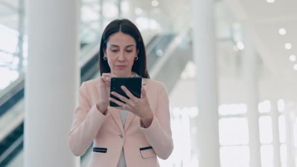Business woman, tablet and digital work of a lawyer with app and social media scroll. Office, female attorney professional and legal job with technology in a company and law firm working on tech. - Footage, Video