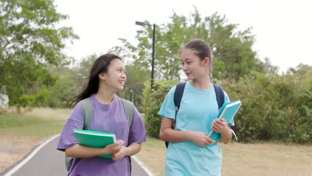 Boldog diáklányok járkálnak és beszélgetnek az iskolában - Felvétel, videó
