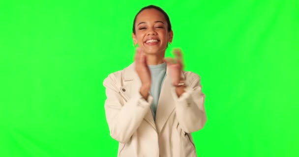 Crossed arms, green screen and face of happy woman in studio with confidence and positive mindset. Happiness, smile and portrait of young professional female person isolated by chroma key background - Footage, Video