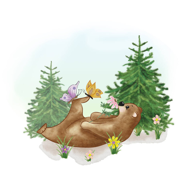 Orso acquerello. Illustrazione per bambini. Giocoso Orso nella foresta con fiori e farfalle. Disegno a mano - Foto, immagini